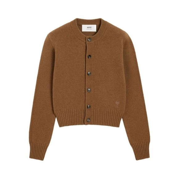 Ami Cropped Brown Wool Cardigan With Crew Neck And Ami De Coeur Embroidery - NWT - Picture 1 of 6